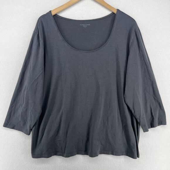 EILEEN FISHER Top 1X Plus Stretch Organic Cotton Jersey Scoop Neck Gray USA - Picture 1 of 14